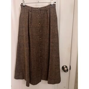 VTG Ralph Lauren Brown Wool Herringbone Tweed Midi Skirt 8 Old Money Equestrian